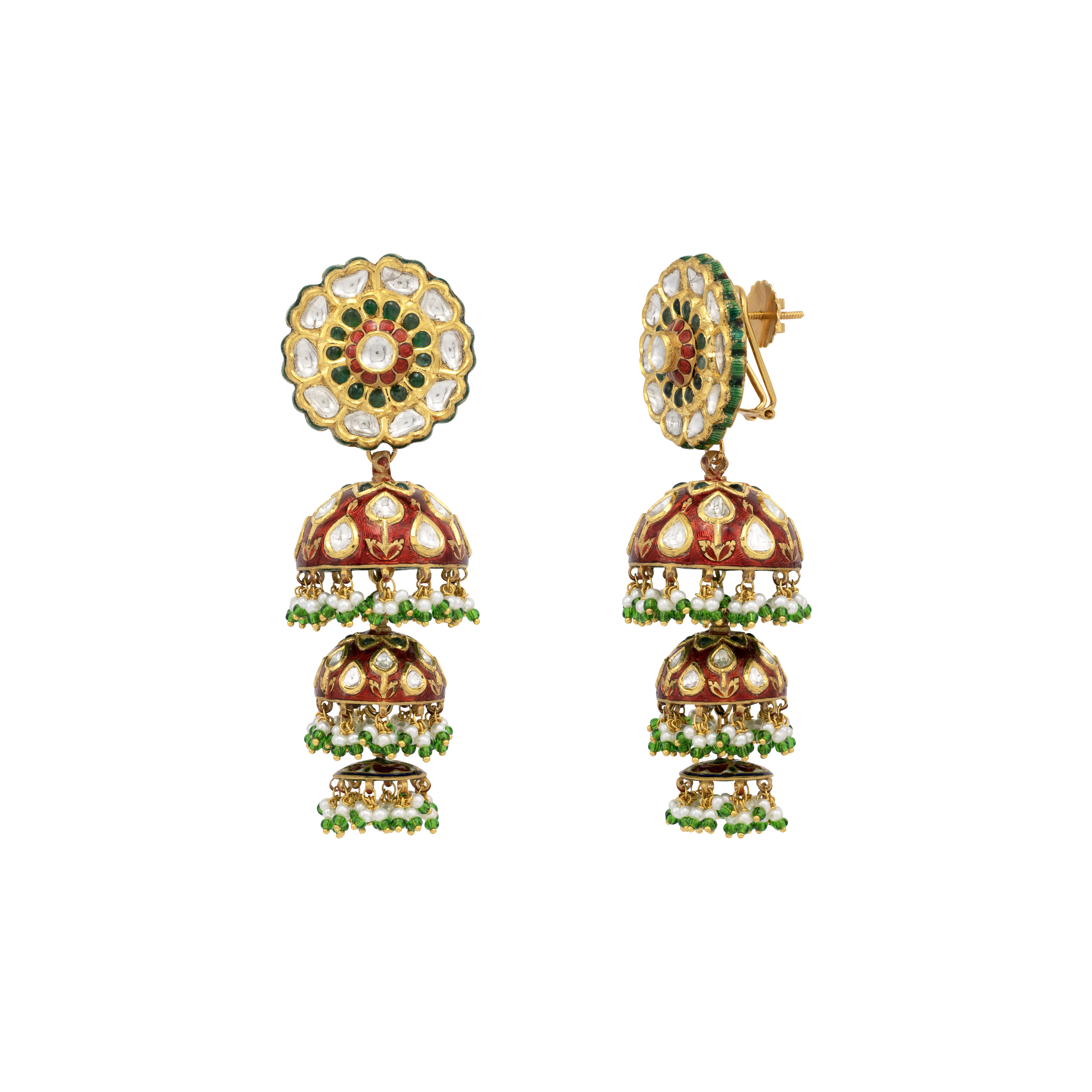 Triple-Tier Red Meenakari Jhumkis with Polki and Green Beads